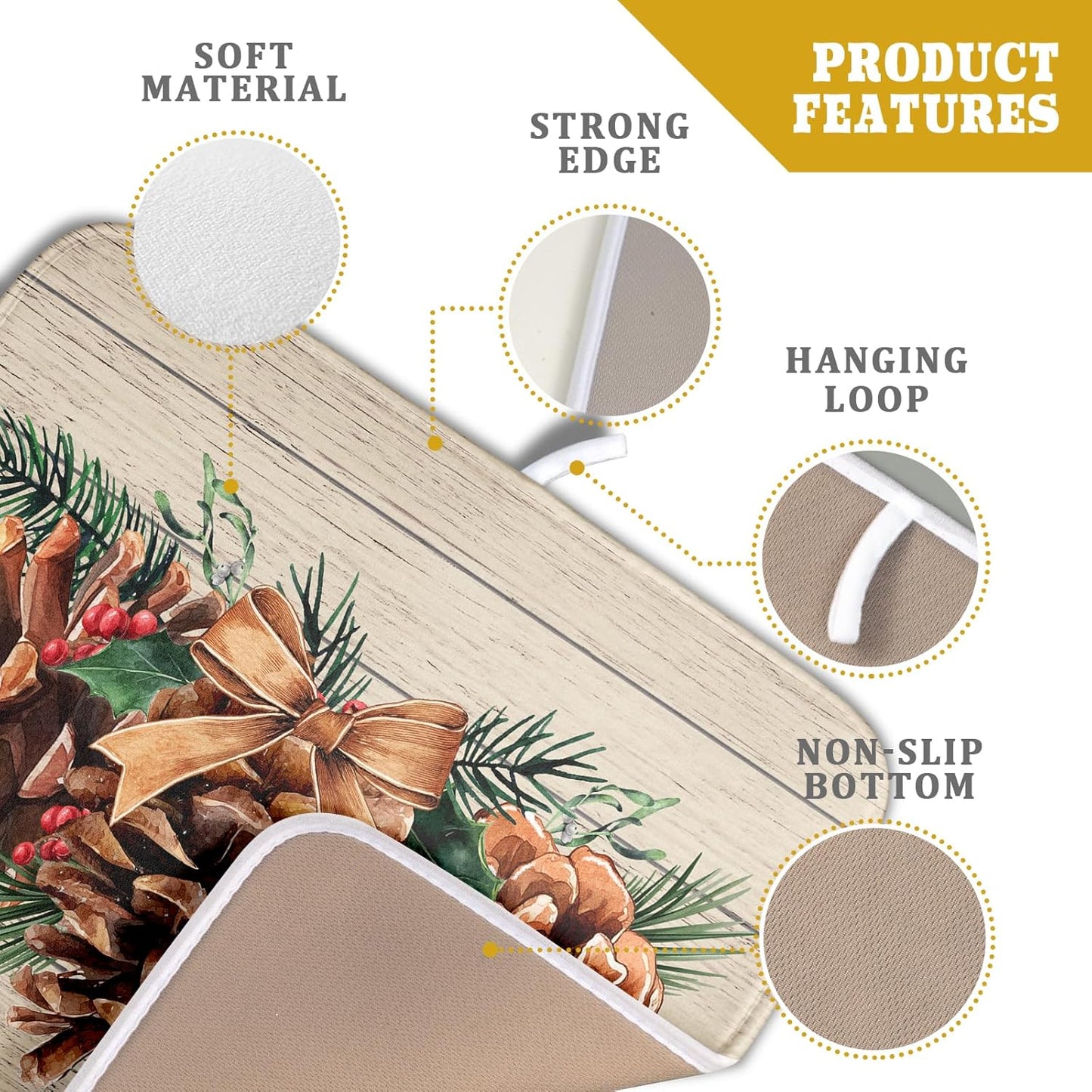 Winter Pine Cone Dish Drying Mat Holly Berries Dish Draining Mat Microfiber Washable Dish Drainer Rack Mat for Home Kitchen Counter 16"x18"