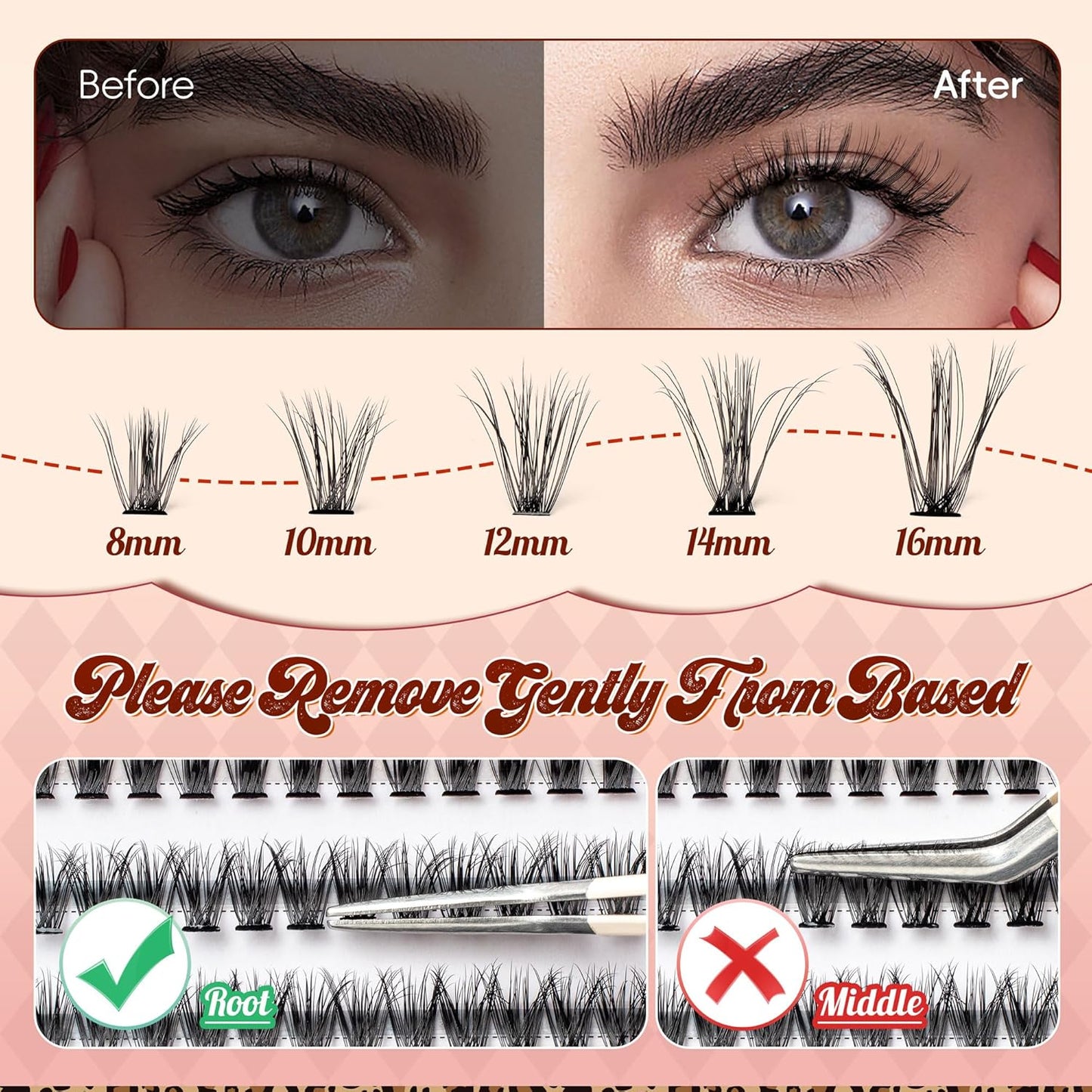 Lash Clusters 0.05mm PBT Fiber Eyelash Clusters, 0.3mm Superfine Soft Band C Curl Diy Lash Extension, 160pcs 8-16mm Individual Lashes Clusters Like Eyelash Extensions (40D-C-8-16Mix)