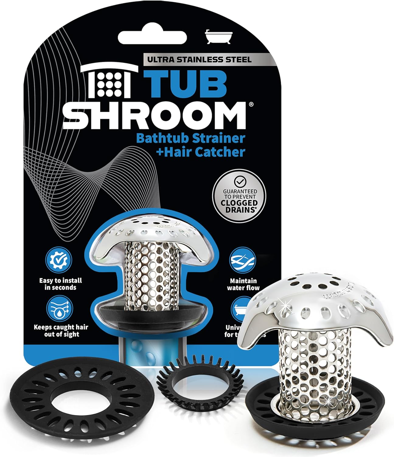 TubShroom Ultra Revolutionary Bath Tub Drain Protector Hair Catcher/Strainer/Snare Stainless Steel, Single Pack