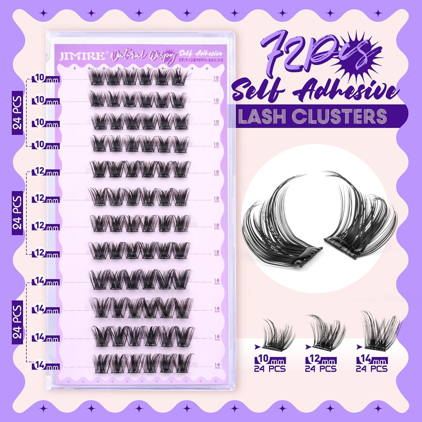 JIMIRE Self Adhesive Eyelashes Manga Lash Clusters Natural Look 10-14MM Wispy Pre Glued Lashes Clusters No Glue Needed D-Curly Natural Cluster Lashes Reusable Invisible Band Press on Lashes