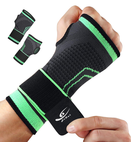 HiRui 2-Pack Wrist Brace Wrist Wraps, Hand Compression Sleeves with Wrist Straps Support for Fitness Weightlifting MTB Tendonitis Carpal Tunnel Arthritis Pain Relief (Green, Medium)