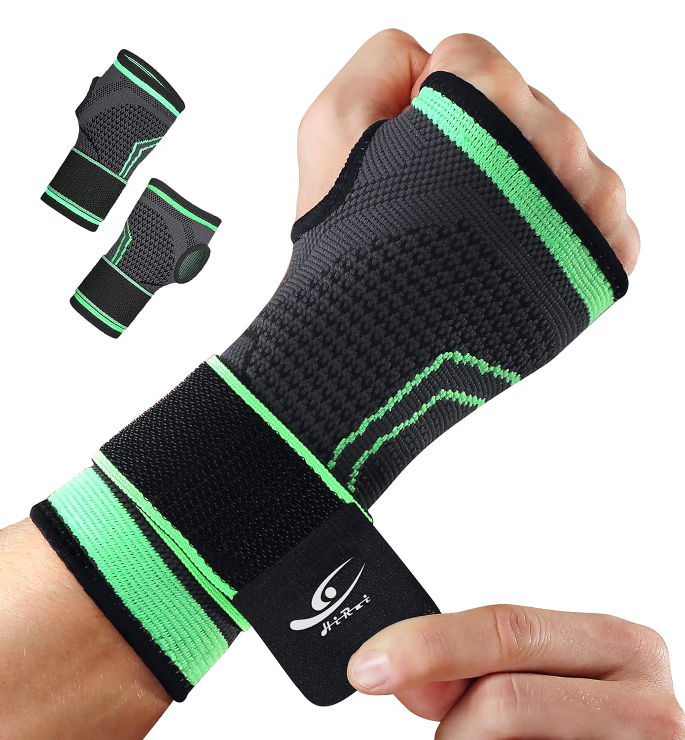 HiRui 2-Pack Wrist Brace Wrist Wraps, Hand Compression Sleeves with Wrist Straps Support for Fitness Weightlifting MTB Tendonitis Carpal Tunnel Arthritis Pain Relief (Green, X-Large)