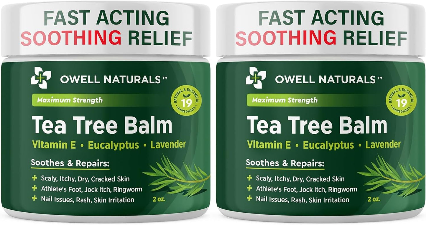 OWELL NATURALS Tea Tree Balm Oil with Vitamin E for Itchy, Dry, Flaky and Cracked Skin, Athletes Foot, Hands, Rashes, Bee Stings, Splinters, Poison Ivy, Insect Bites, Cuts and Burns, (2 Pack)