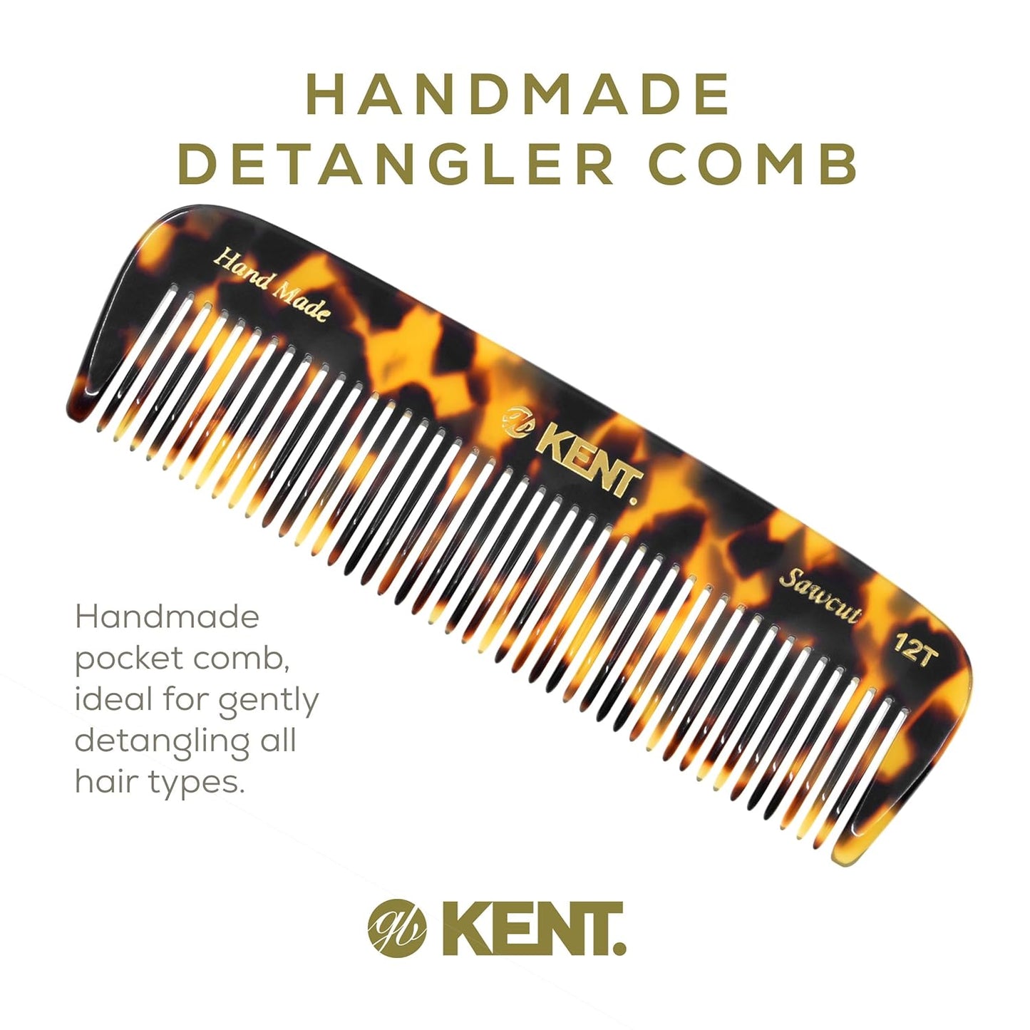 Kent 12T TY Pocket Comb - Handmade Wide Tooth Hair Comb for Men, Women, and Kids - Travel, Beard, and Mustache Comb - Saw Cut and Hand Polished Made in England