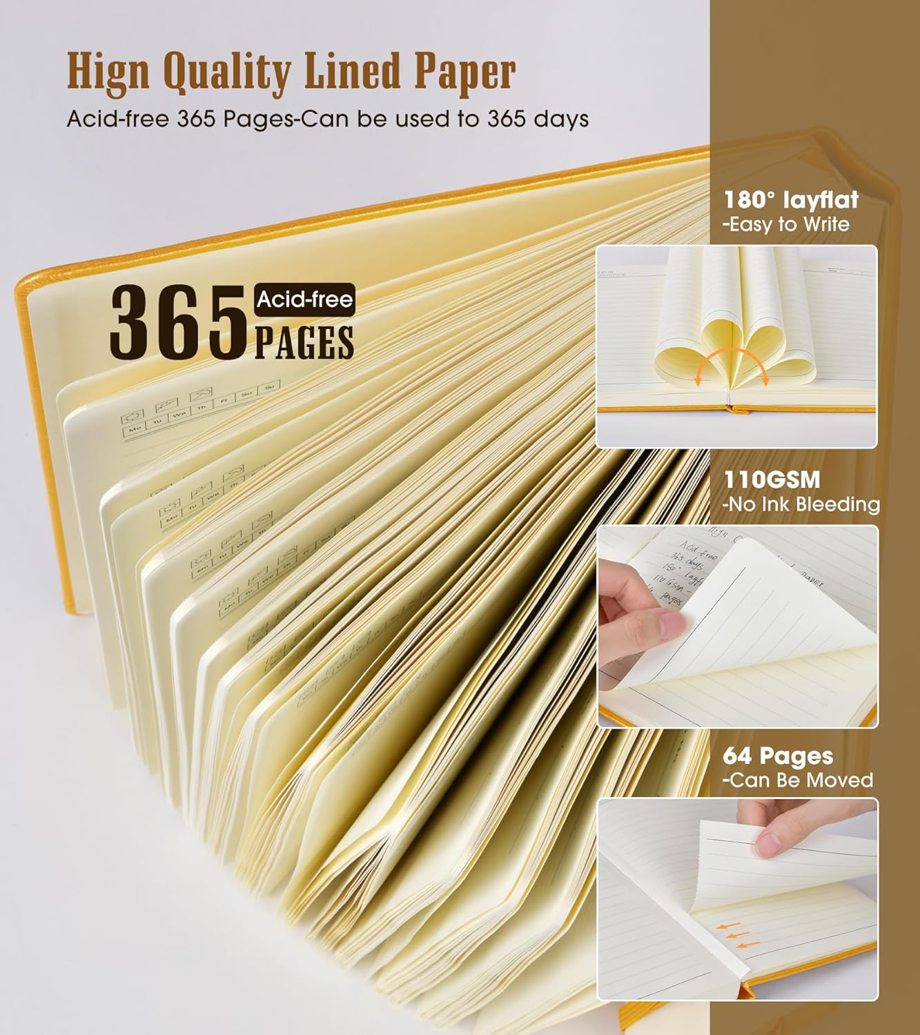 Lined Journal Notebook, 365 Pages B5 Journals for Writing College Ruled Notebook, Hardcover Leather Journal for Women Men, Daily Notebook for Work, Note Taking,100Gsm Thick Paper( 7.6'' X 10'' Yellow)