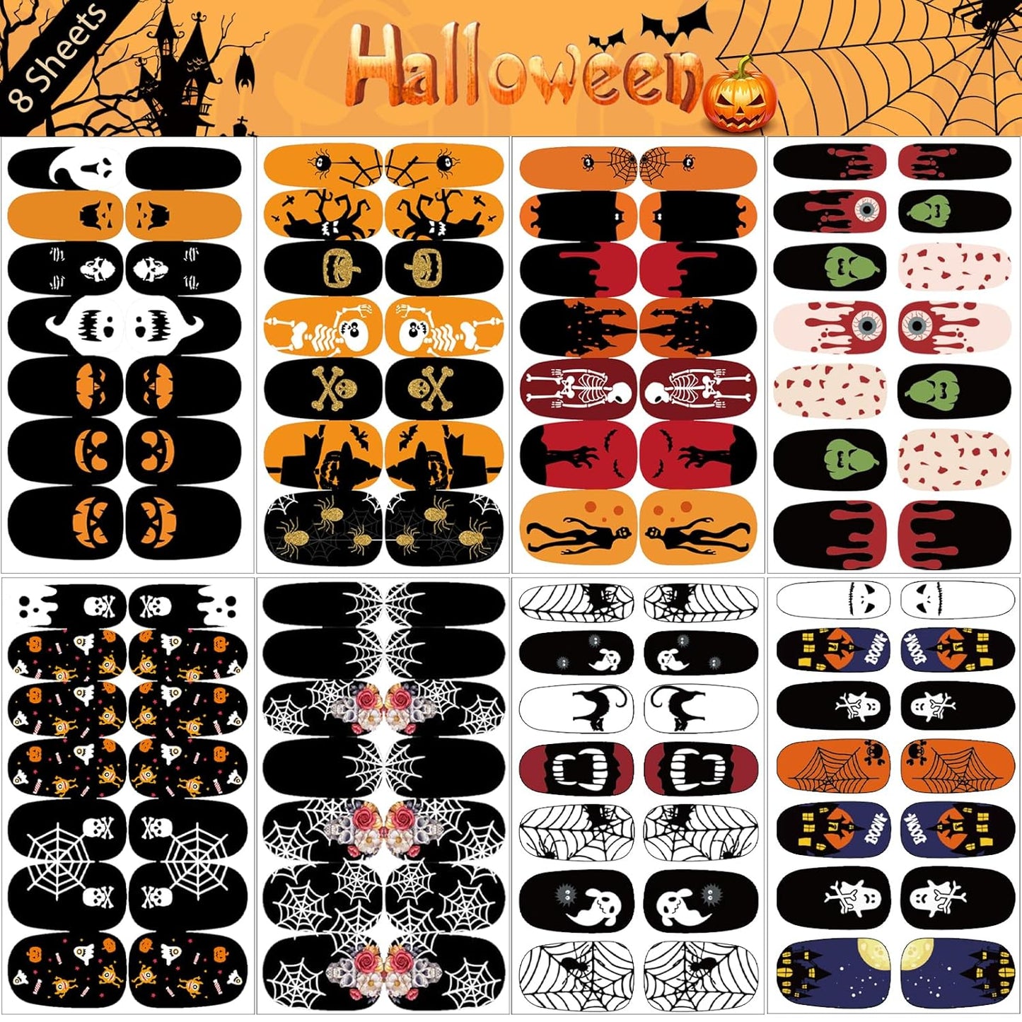 16 Sheets Holiday Nail Wraps Stickers, Halloween&Thanksgiving Day All Seasonal Full Nail Polish Strips, DIY Self-Adhesive Fall Winter Nail Art Decals with 2 Piece Nail Files for Party Decor (224 Pcs)