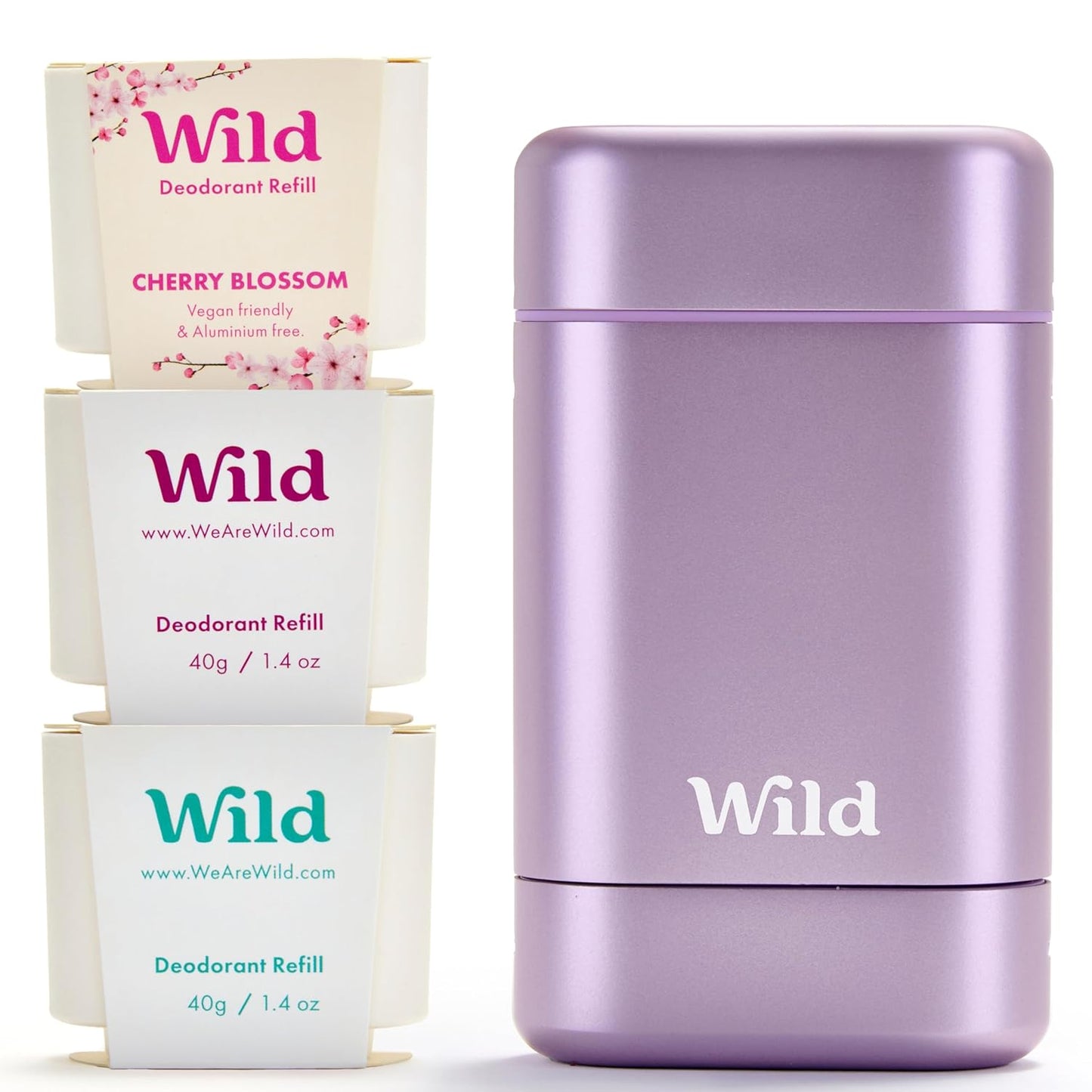 Wild - Purple Case with Refill Variety Pack - Refillable Deodorant - Aluminum Free - Includes Fresh Cotton & Sea Salt, Cherry Blossom and Coconut & Vanilla Scents - Vegan