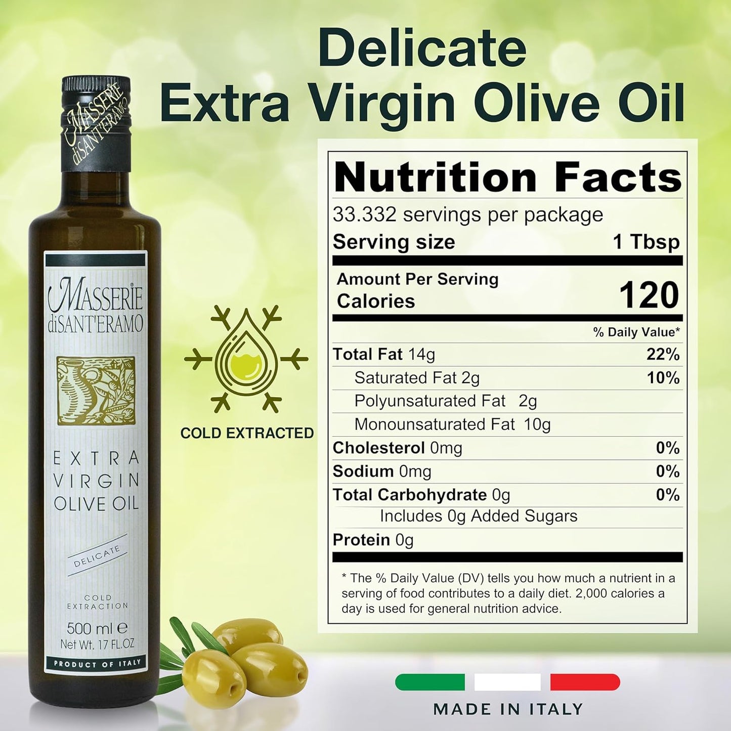 Delicate Italian Extra Virgin Olive Oil Cold Pressed - Light Olive Oil for Cooking and Frying, Imported from Italy - Masserie di Sant'Eramo - 16.9 Fl Oz (Pack 12)
