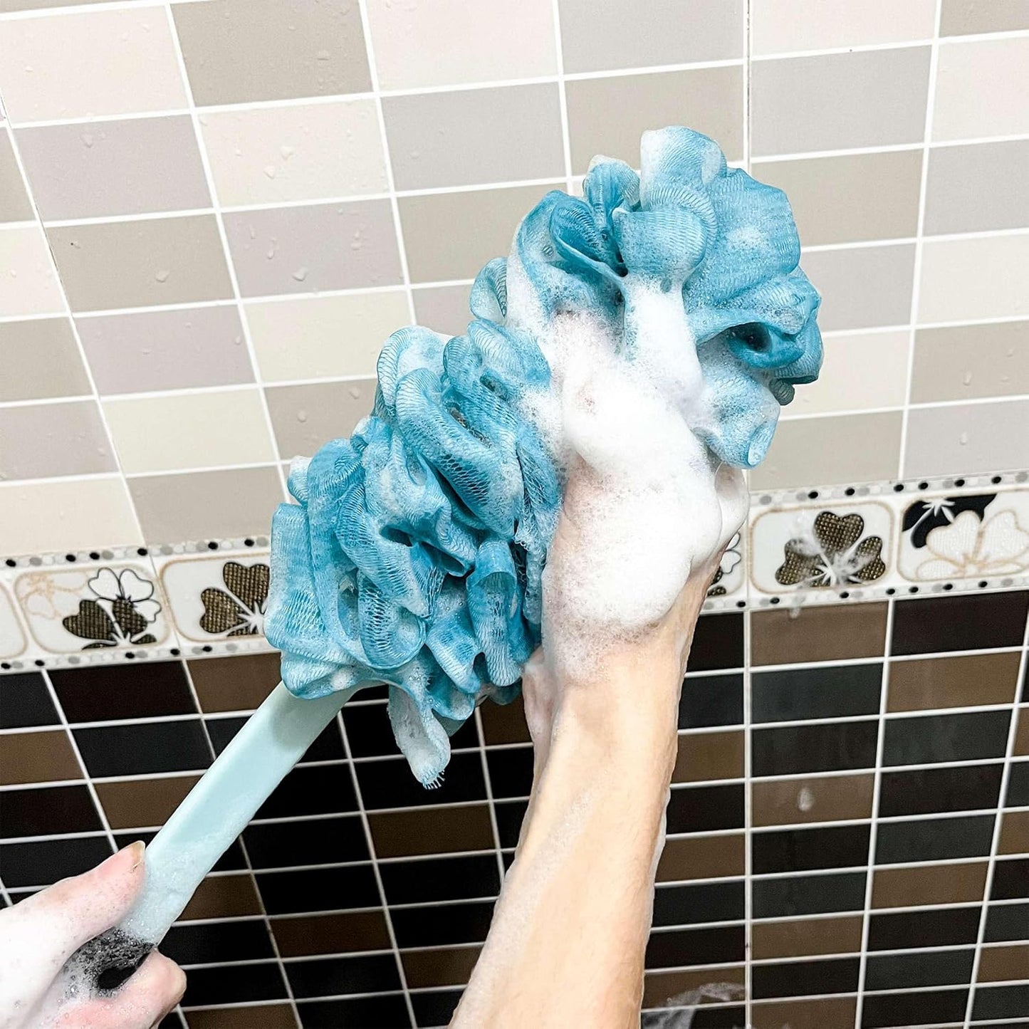 2 Pack Back Scrubber for Shower, Anti Slip Long Handle Bath Body Brush, Loofah with Handle, Back Scrub Brush, Soft Mesh Loofah Sponge Shower Brush for Women, Men, Elderly (2 Pack= Blue)