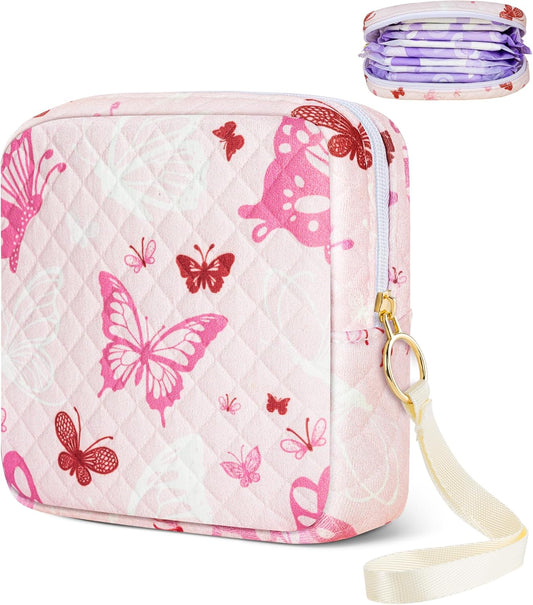 Tampon Holder for Purse, Quilted Period Bag Sanitary Napkin Storage Bag for Girls Womens, Portable Feminine Emergency Pad Period Pouch(Butterfly Pink)