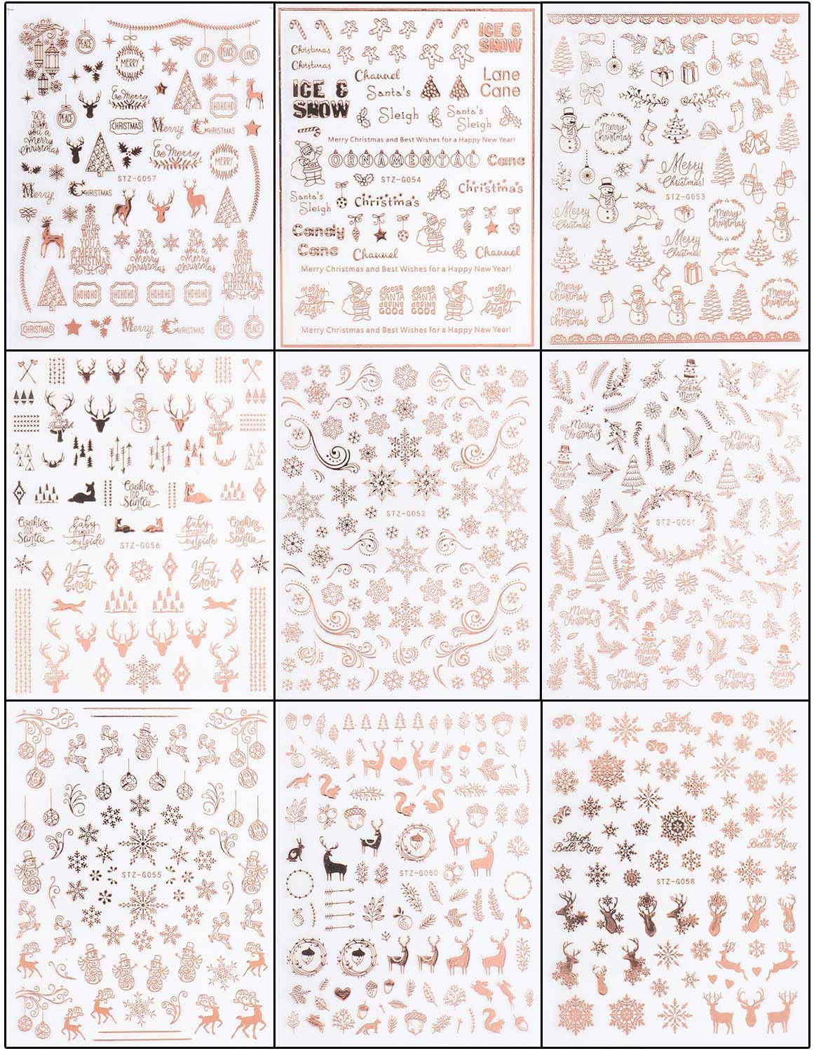 JMEOWIO 9 Sheets Christmas Nail Art Stickers Decals Self-Adhesive Pegatinas Uñas Navidad Rose Gold Winter Holiday Xmas Snowflake Nail Supplies Nail Art Design Decoration Accessories