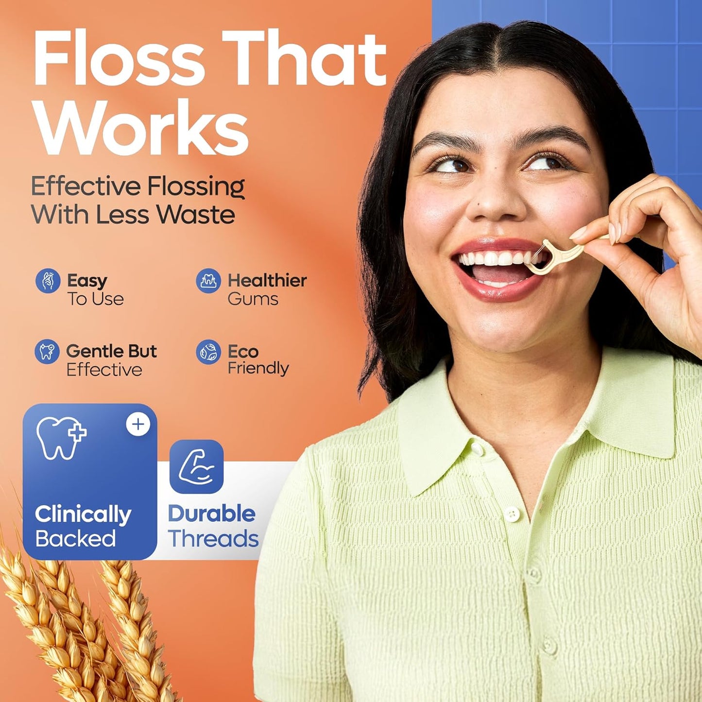 SmartLifeco Eco-Friendly Dual-Thread Dental Floss Picks (200ct) - Flossers Made with Straw Wheat Blend, Proven Anti-Shred for Tight Gaps, Tooth Pick Stick for Adults, Soft on Gum & Teeth, Unflavored