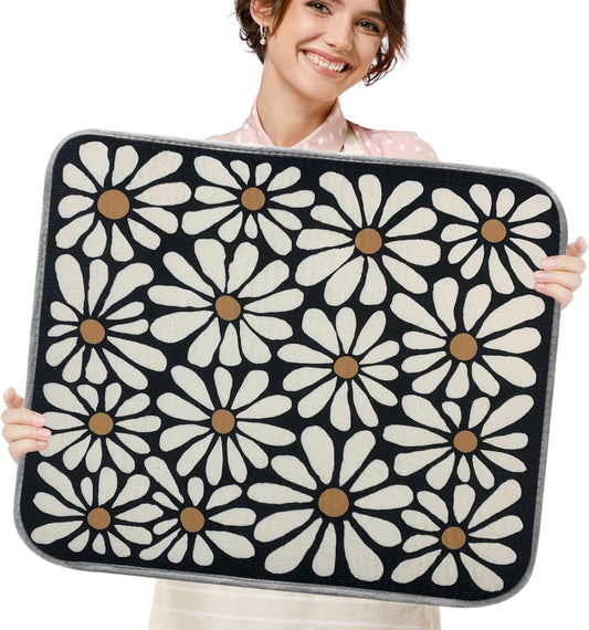 SHIYUE Dish Drying Mat for Kitchen Counter Super Absorbent Spring Kitchen Decor Microfiber Drying Matainers Rack Fast Pad Dish Drainer Mats(Black Flower,18''x24'')