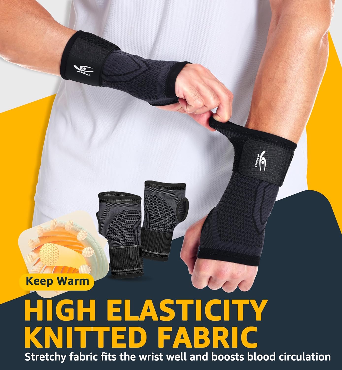 HiRui 2-Pack Wrist Brace Wrist Wraps, Hand Compression Sleeves with Wrist Straps Support for Fitness Weightlifting MTB Tendonitis Carpal Tunnel Arthritis Pain Relief (Black, Large)