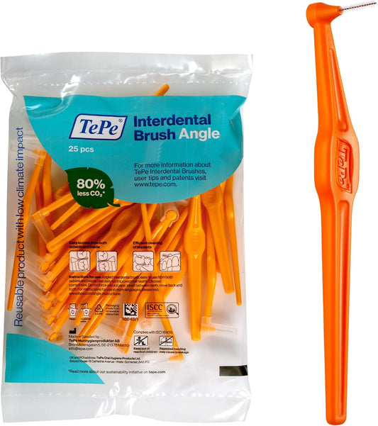 TePe Interdental Brush Angle, Angled Dental Brush for Teeth Cleaning, Pack of 25, 0.45 mm, Extra-Small/Small Gaps, Orange, Size 1