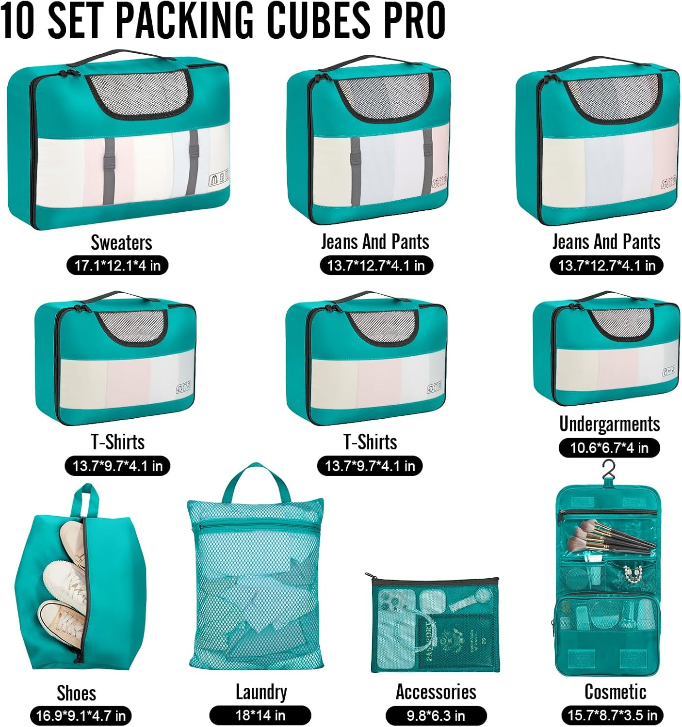 Veken 10 Set Packing Cubes for Kids & Toddler, Airplane Travel Essentials, Beach Vacation & Road Trip Suitcase Organizer Bags Set for Luggage, with Hanging Toiletry & Shoe Bag