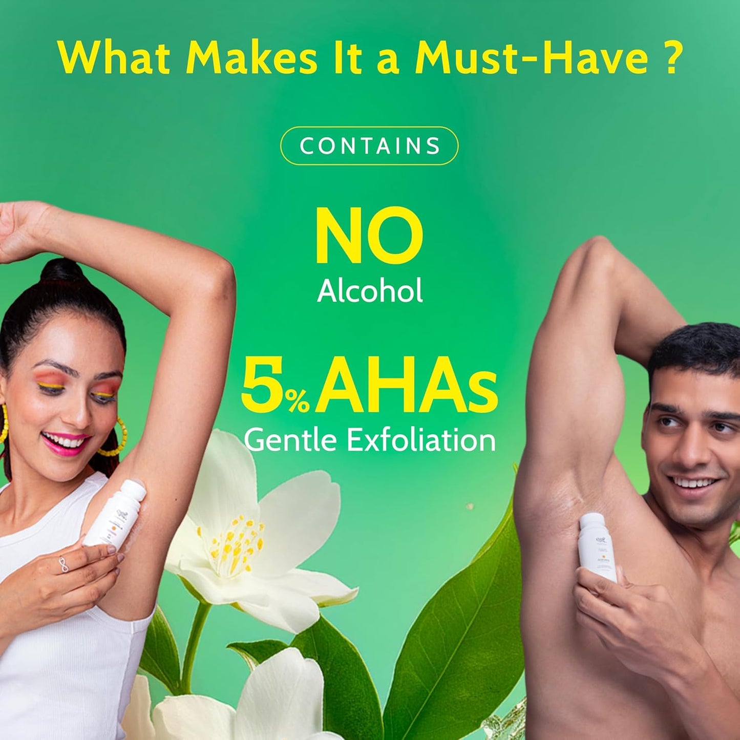 UnderArm Roll-On with 5% AHA|Lactic & Mandelic Acid|Prevents Odour, Brightens Skin & Exfoliates Underarm|For Sensitive Skin|White Jasmine Fragrance|Alcohol & Aluminium Free| 1.35 fl oz