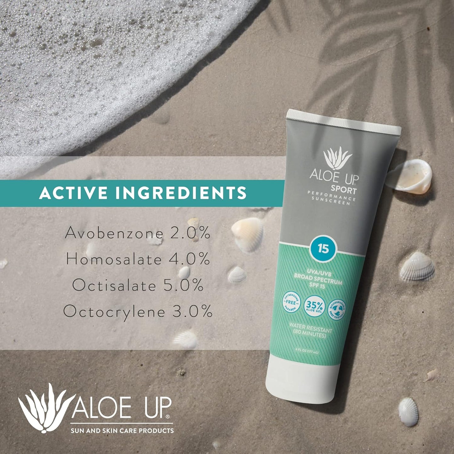 Aloe Up Sport Sunscreen Lotion SPF 15 - Broad Spectrum UVA/UVB Sunscreen Protector for Face and Body - With Hydrating Aloe Vera Gel - Non-Greasy - No White Cast - Reef Safe - Fragrance-Free - 6 Oz