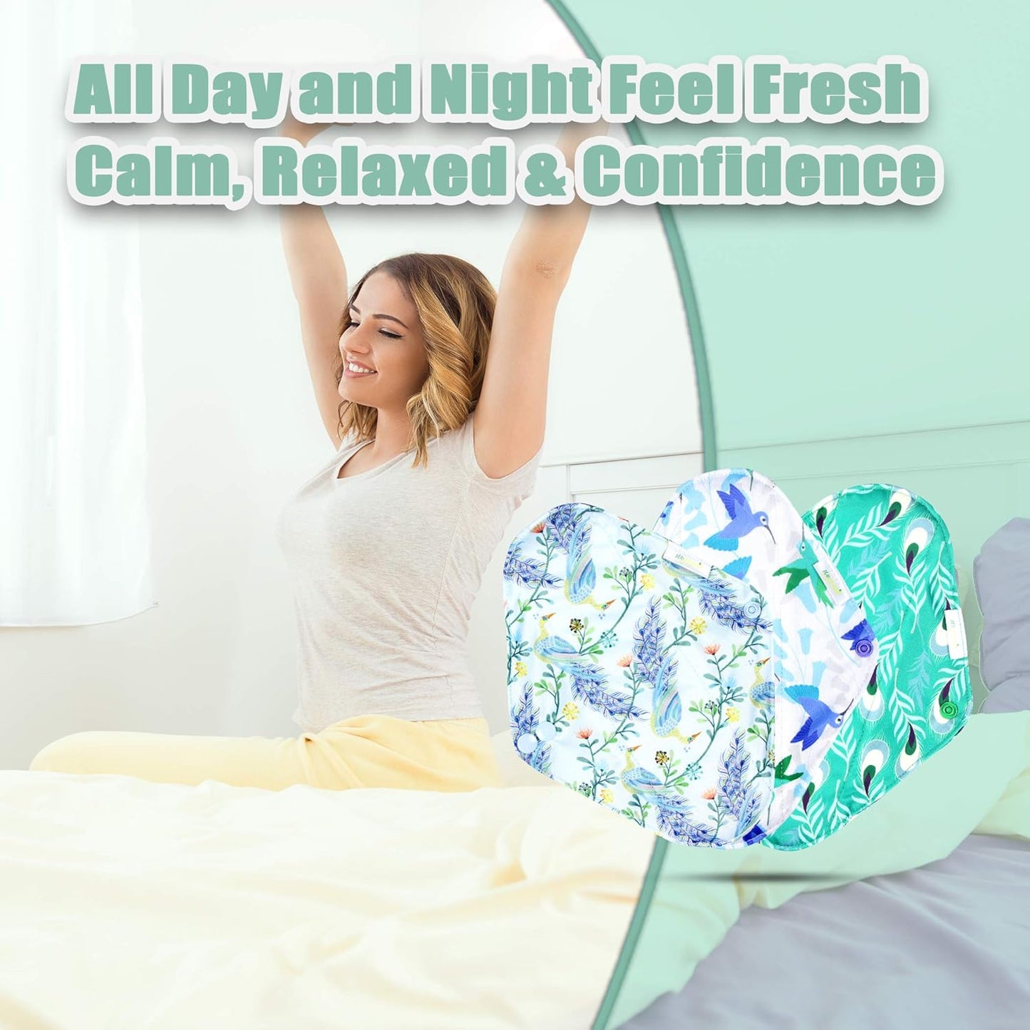 Wegreeco Reusable Menstrual Pads - Soft Cloth Sanitary Pads & Panty Liners - 6 Pack with 1 Mini Wet Bag (Medium, Peacock)