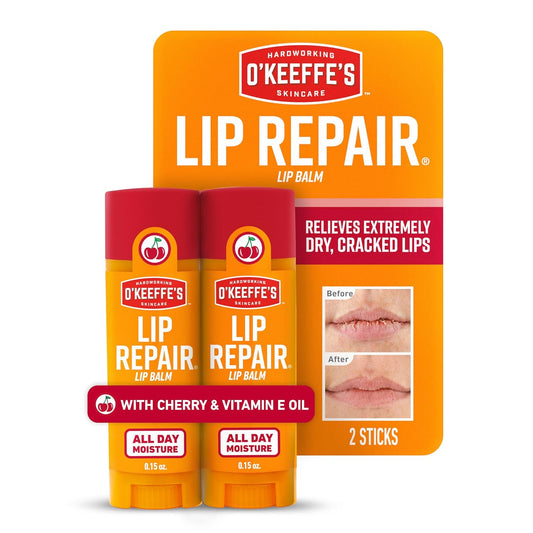 O'Keeffe's Lip Repair Lip Balm with Cherry & Vitamin E Oil - Stick (Twin Pack) - Moisturizer for Extremely Cracked, Dry Lips