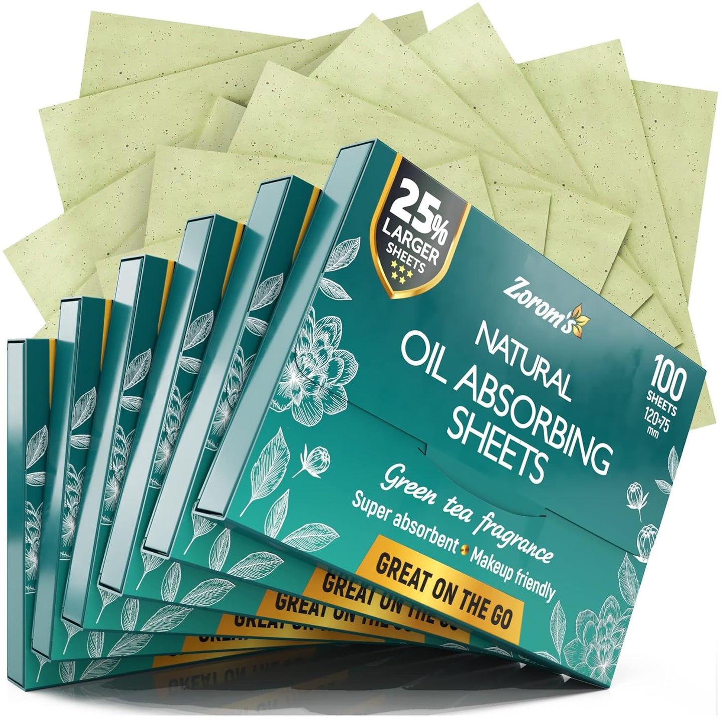 Natural Green Tea Oil Blotting Sheets for Face - 25% Larger Sheets (4.7x3”) - 600 Makeup Friendly Blotting Papers for Face - Easy Dispensing Oil Absorbing Sheets for Face