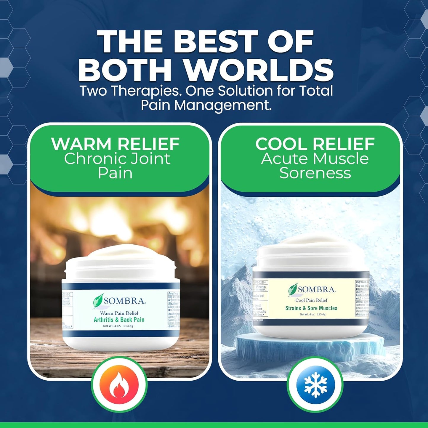 Sombra Warm & Cool Pain Relief Gel, Warm Relief for Arthritis and Chronic Pain Pre-Workout Muscle Rub, Cold for Swelling, Soreness, Post-Workout, Free of Artificial Fragrances, 4oz Per Jar