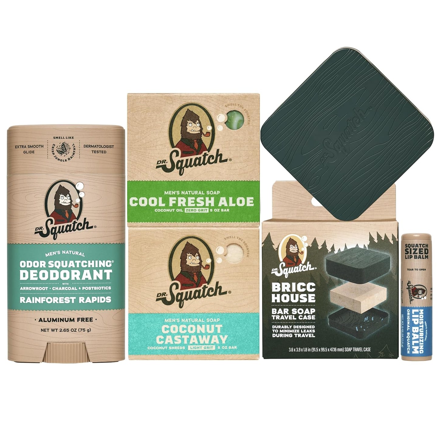 Dr. Squatch NEW Bricc House Travel Pack - Soap Travel Case + Cool Fresh Aloe, Coconut Castaway Soap + Rainforest Rapids Deodorant + Original Squatch Lip Balm - Full Routine Natural Men's Care Kit