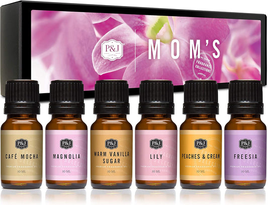 P&J Trading Mom's Set of 6 Fragrance Oils - Lily, Magnolia, Peaches & Cream, Café Mocha, Warm Vanilla Sugar, Freesia Scented Oils for Candle Scents, Soap Making, Diffuser Oil