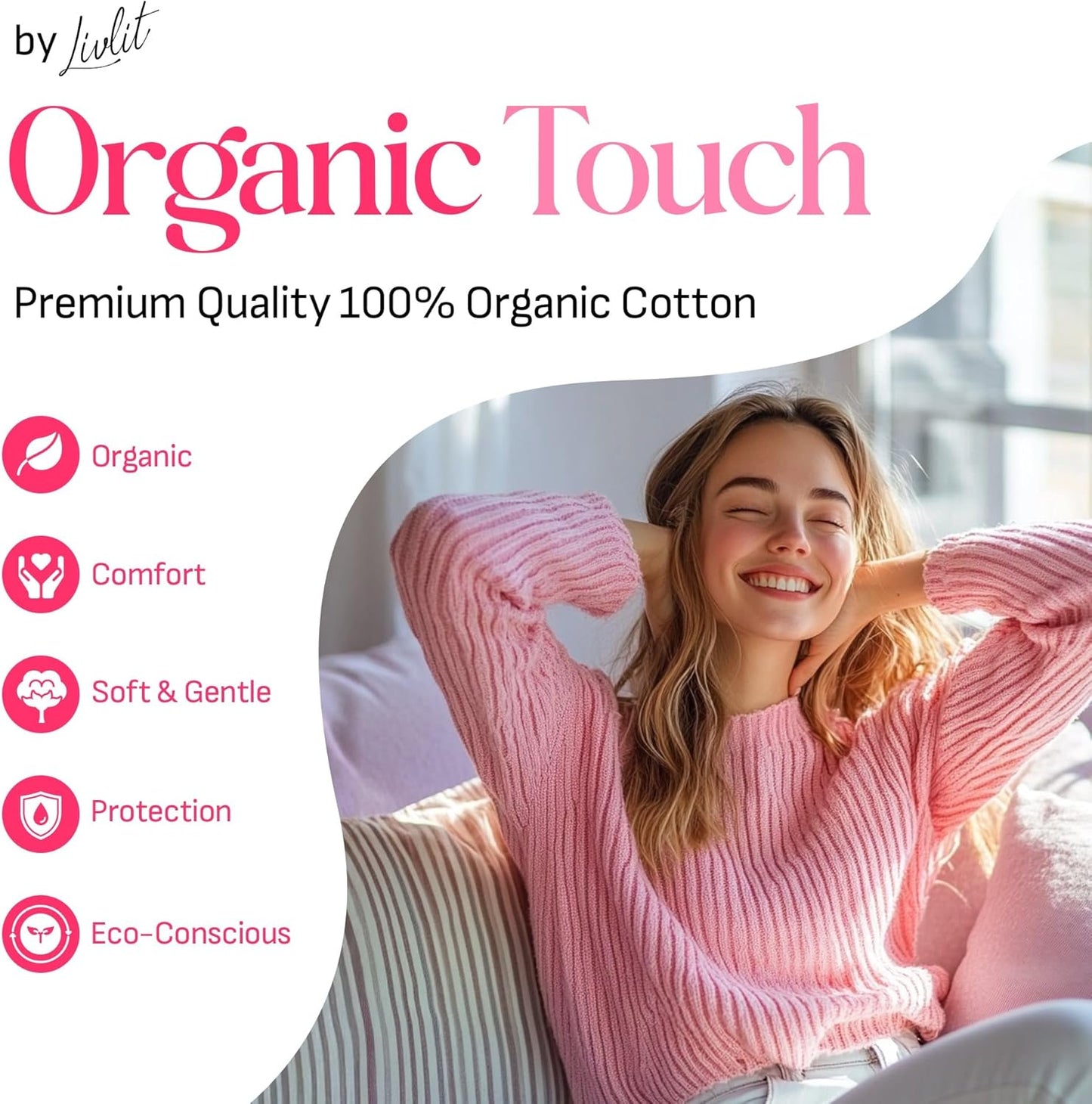 Livlit Ultra Thin Panty Liners Sanitary Pads, 100% Certified Organic Cotton from Texas, Light Absorbency, Chlorine Free, Unscented, Hypoallergenic Panty Liners for Women (40 Count)