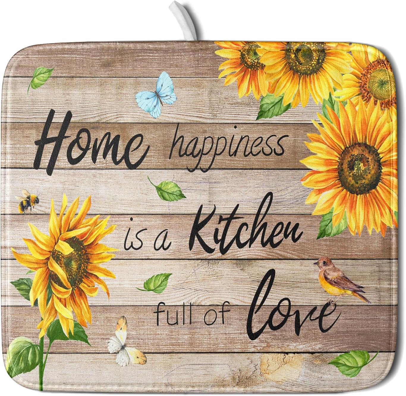 Sunflower Floral Dish Drying Mat for Kitchen Countertop 16x18 inch Rustic Wood Washable Microfiber Absorbent Dishes Drainer Rack Pad