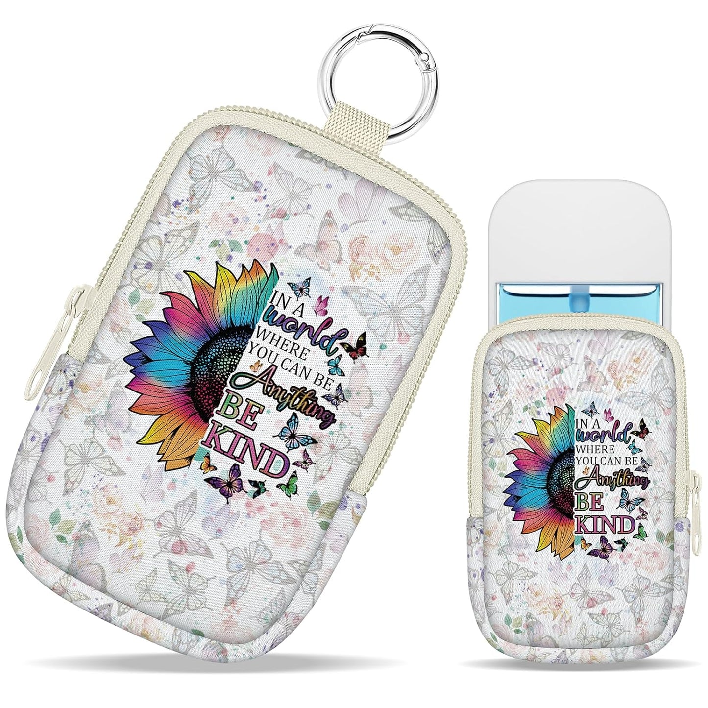 Sunflower Be Kind Hand Sanitizer Spray Case, Hand Sanitizer Holder Zippered Pouch, Cute Fashion Accessory with Snap Hook for Glow Mist and Power Mist 1FL OZ