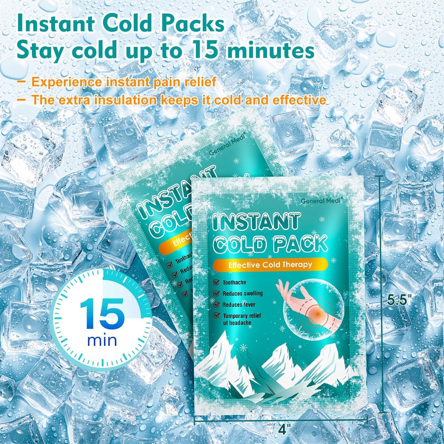General Medi Instant Ice Cold Pack (4”x 5.5”) – 50 Packs Disposable Cold Therapy Ice Packs for Pain Relief, Swelling, Inflammation, Sprains, Toothache – for Athletes & Outdoor Activities