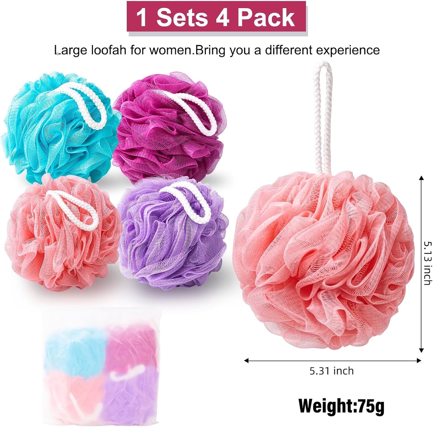 Loofah for Women 75g 4 Pack, Bath Sponge Soft Mesh Shower Puff Loofah Sponge, Exfoliating Body Scrubber, lufas for Women, Shower Accessories (Purple Red Pink Blue)