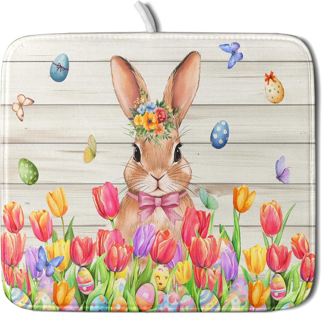 Easter Bunny Dish Drying Mat 16x18 inch Eggs Floral Fast Drying Pad Washable Reversible Microfiber Dish Drainer Mats for Kitchen Counter