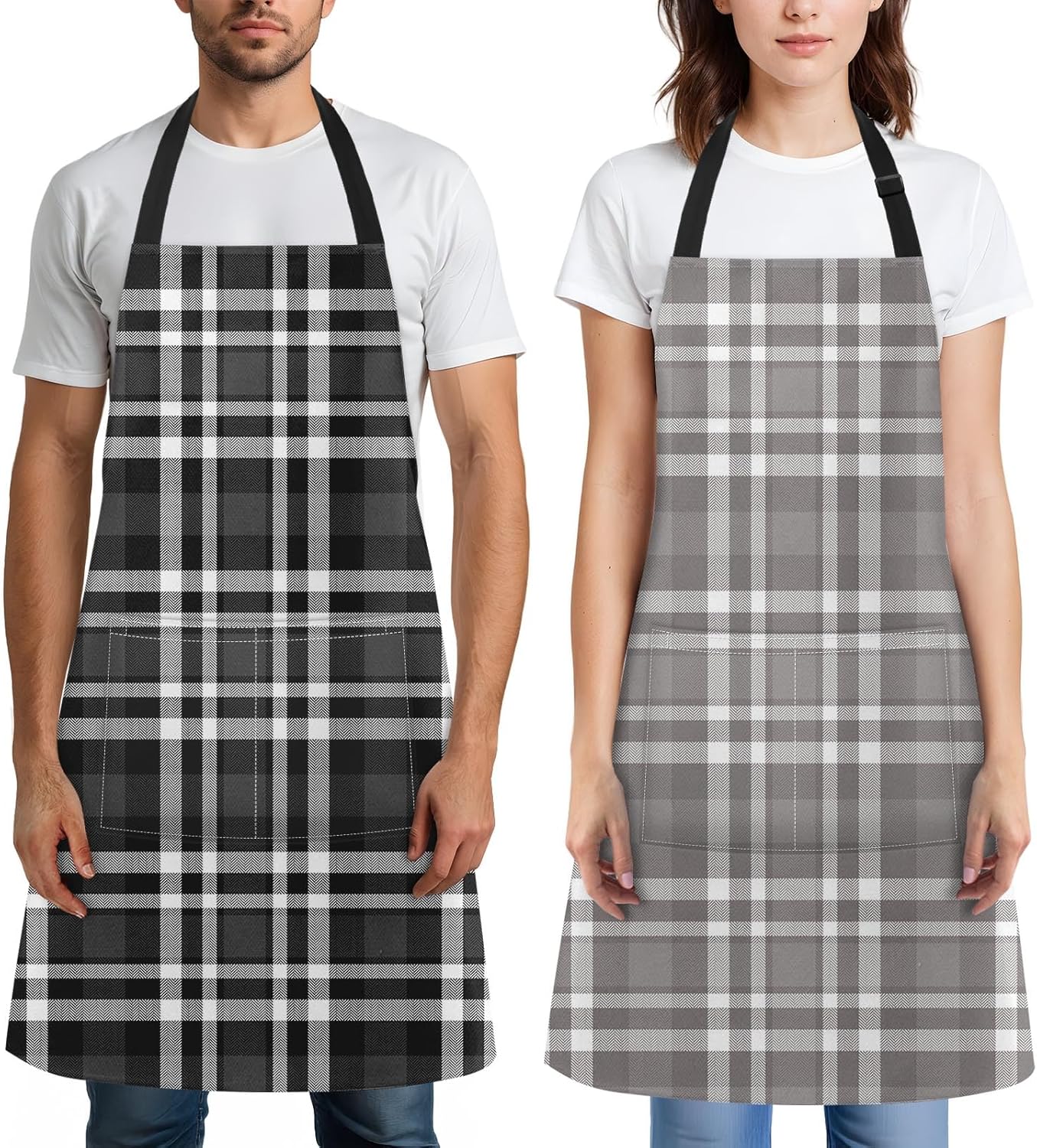 Britimes 2 Pack Aprons, Plaid Grid Geometric Adjustable Bib Aprons with 2 Pockets for Women Men Couple Lovers Chef Home Kitchen Cooking Baking Gardening Black Gray Apron 32x28 Inches
