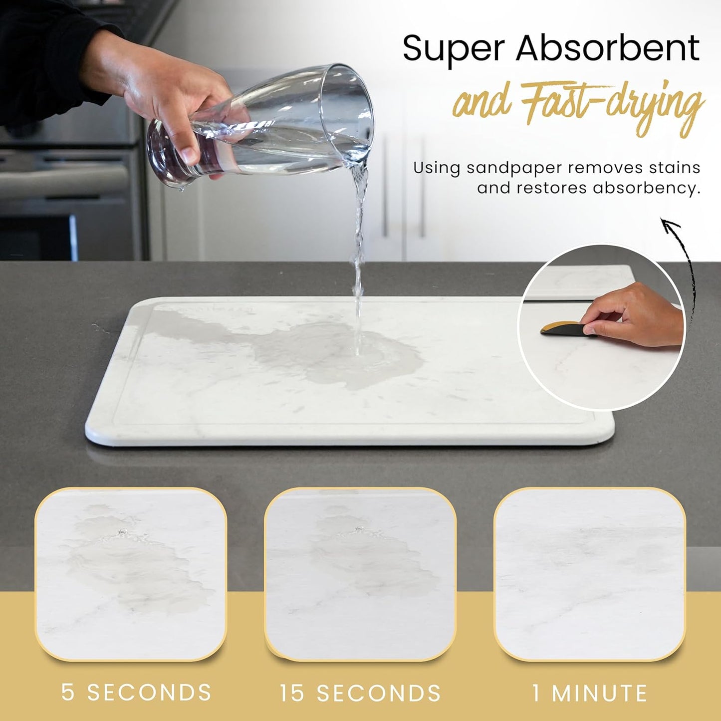 Stone Drying Mat For Kitchen Counter - 11.8" x 15.7" Water Absorbing Stone tray For Sink, Metal Rack and Kitchen Sink Caddy | Diatomaceous Earth Food Grade | Drying Stone For Kitchen counter