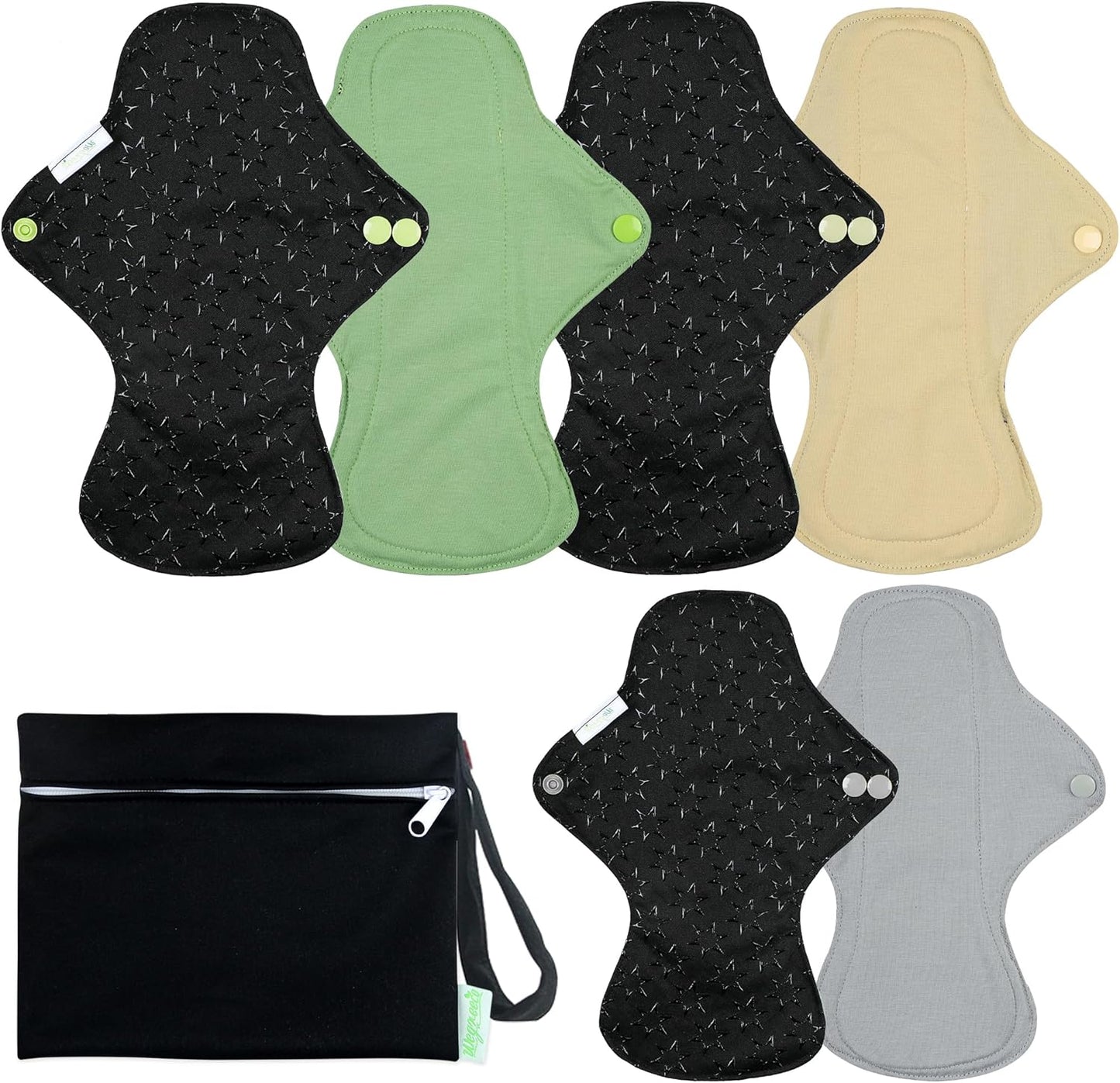 wegreeco 6 Pc Reusable Menstrual Pads, Ultra Absorbent Cloth Pads for Period, Sanitary for Teens, Women, Nonslip Panty Liners + Bag (Mustard Yellow, Grey, Beige, XL)