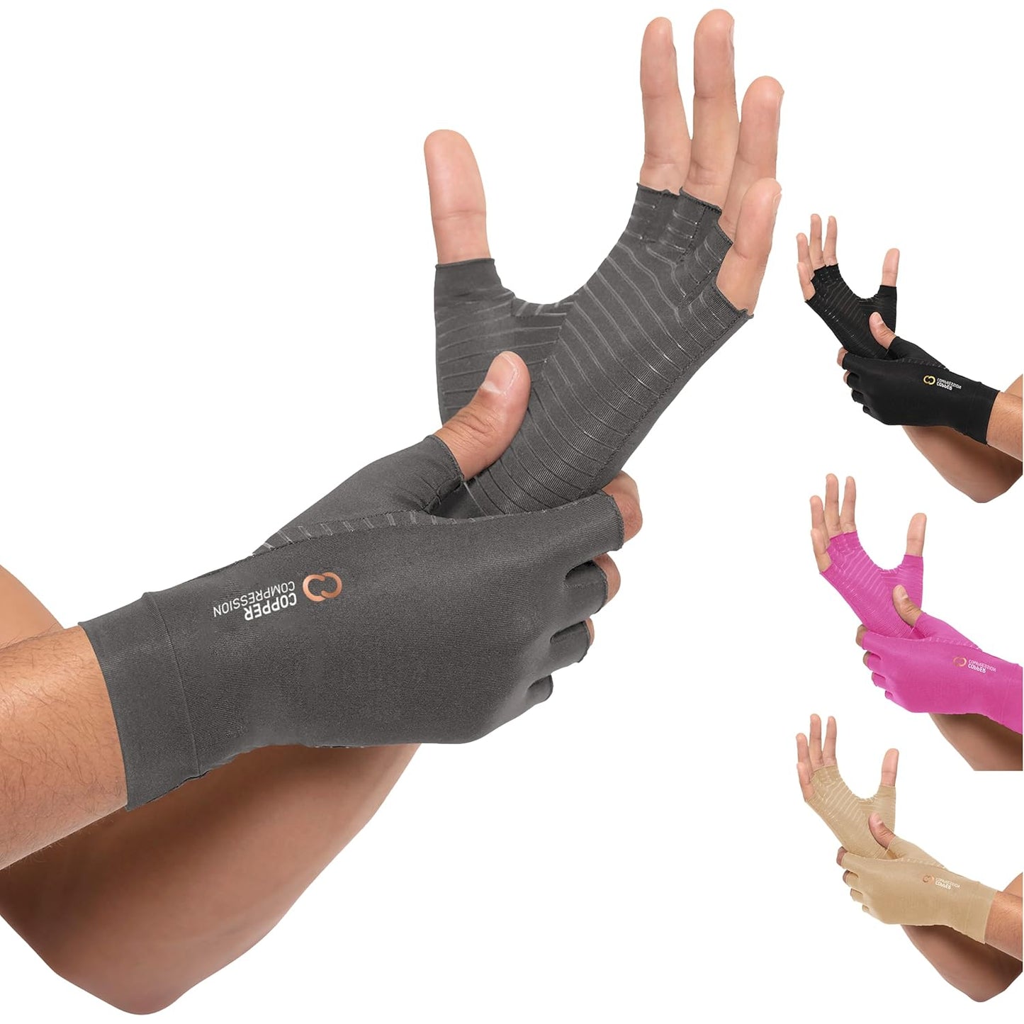 Copper Compression Arthritis Gloves | Fingerless Arthritis Carpal Tunnel Pain Relief for Men & Women | Hand Support Wrist Brace for Neuropathy, Rheumatoid, Tendonitis, Swelling, Crocheting, Typing Grey L