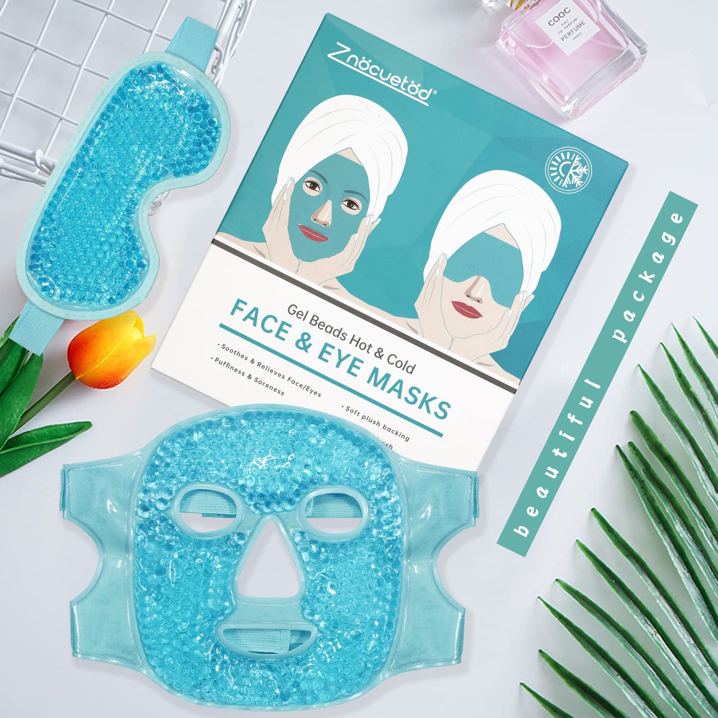 ZNÖCUETÖD Cooling Ice Face Eye Mask for Reducing Puffiness, Bags Under Eyes,Sinus,Redness,Pain Relief,Dark Circles, Migraine,Hot/Cold Pack with Soft Plush Backing (Blue(1* Eye Mask+1*Face Mask))