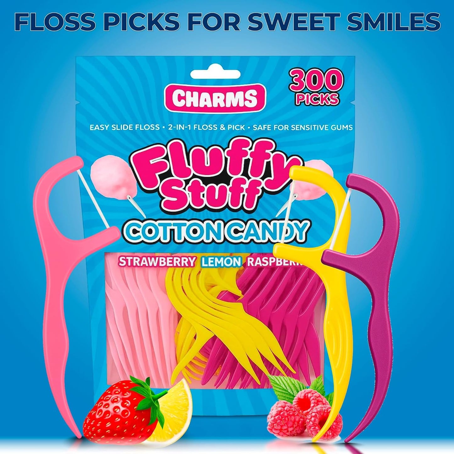 Flavored Floss Picks, 300 Count, Dental Floss Picks for Teeth with Fun Fruit Flavors, Flosser Picks for Adults and Children, | Strawberry, Lemon & Raspberry Flavor
