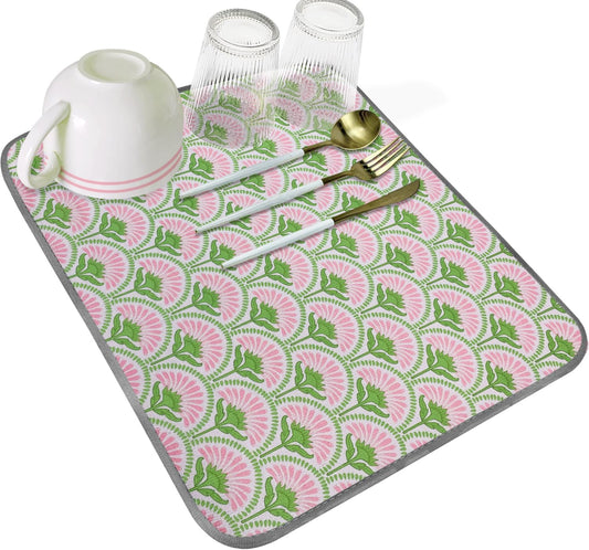 SHIYUE Dish Drying Mat for Kitchen Counter Super Absorbent Spring Kitchen Decor Microfiber Drying Matainers Rack Fast Pad Dish Drainer Mats(Bohe Flower,16''x18'')