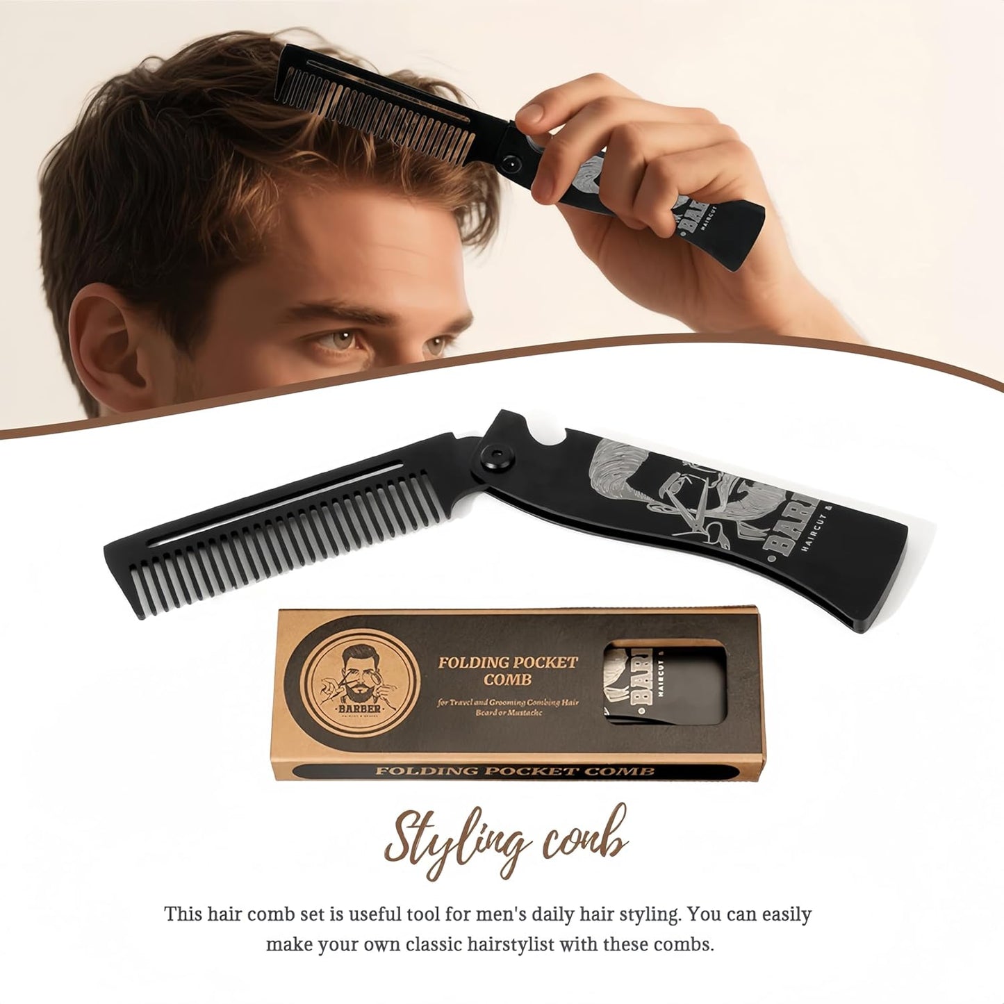 Metal Hair Styling & Beard & Mustache Folding Pocket Comb, Multifunctional EDC Grooming Tool With Bottle Opener - Anti-Static for Outdool Travel & Daily Grooming - Black