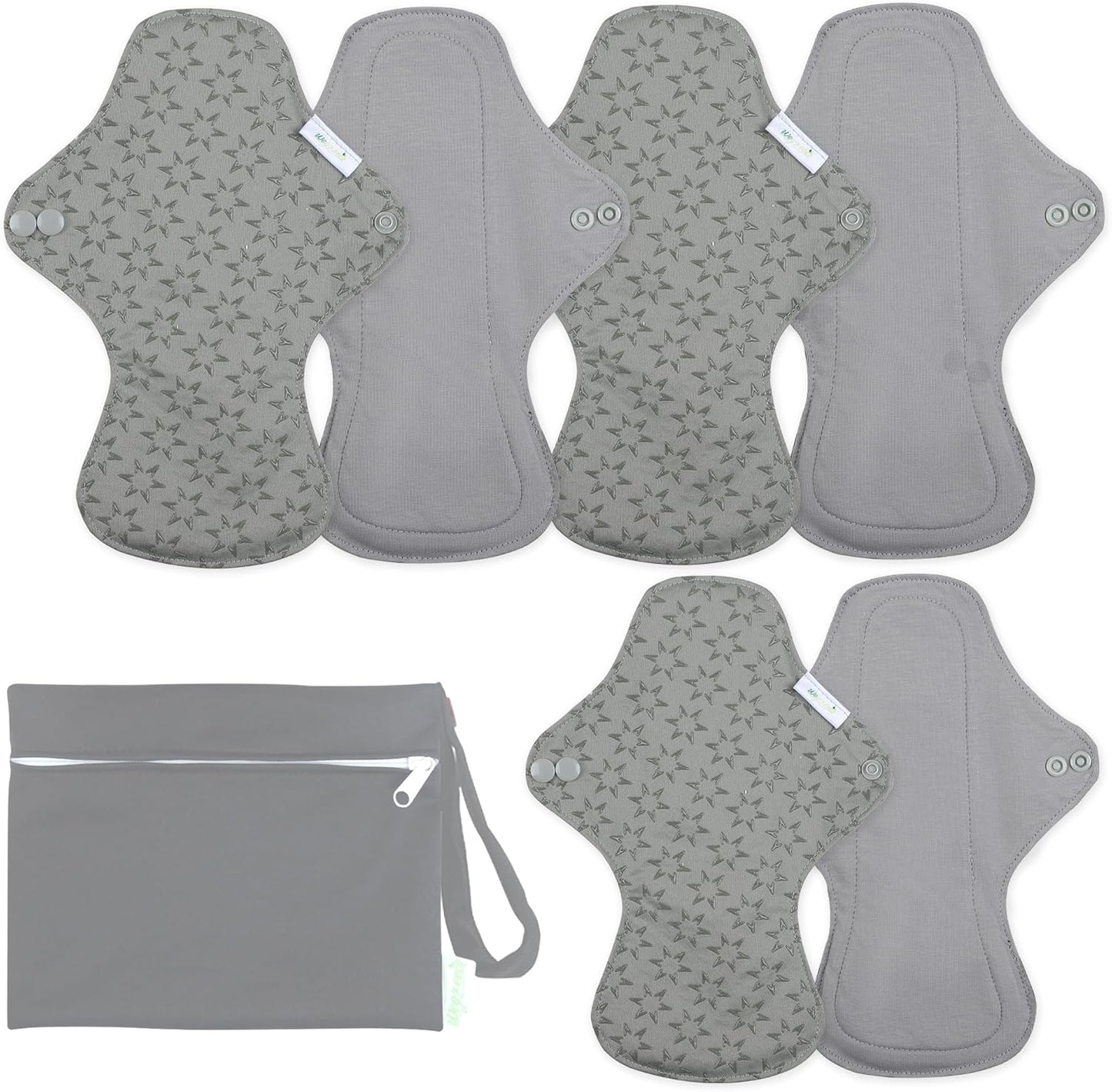 wegreeco 6 Pcs Reusable Menstrual Pads, Ultra Absorbent Cloth Pads for Heavy Flow, Sanitary for Teens,Women, Nonslip, Grey Inner, Grey Outer, Large