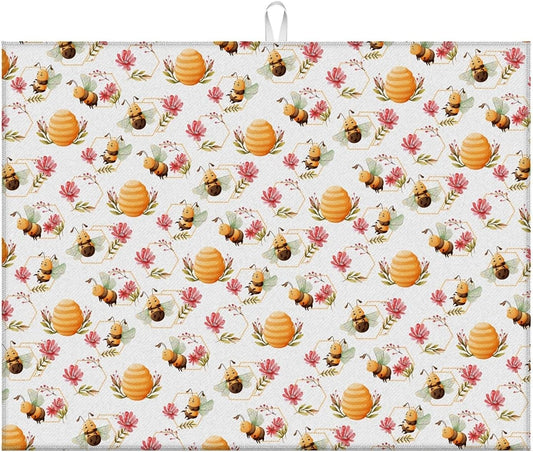 Dish Drying Mat For Kitchen Counter, Cute Bee Honeycomb Microfiber Absorbent Dish Drainer Rack Pad Reusable Large 18x24in Drying Mat