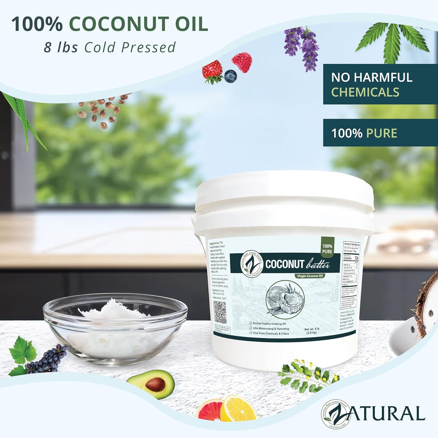 Zatural Coconut Oil, 100% Virgin Organic Extra Virgin Unrefined, Cold Pressed, ~1 Gallon (8 Pound)