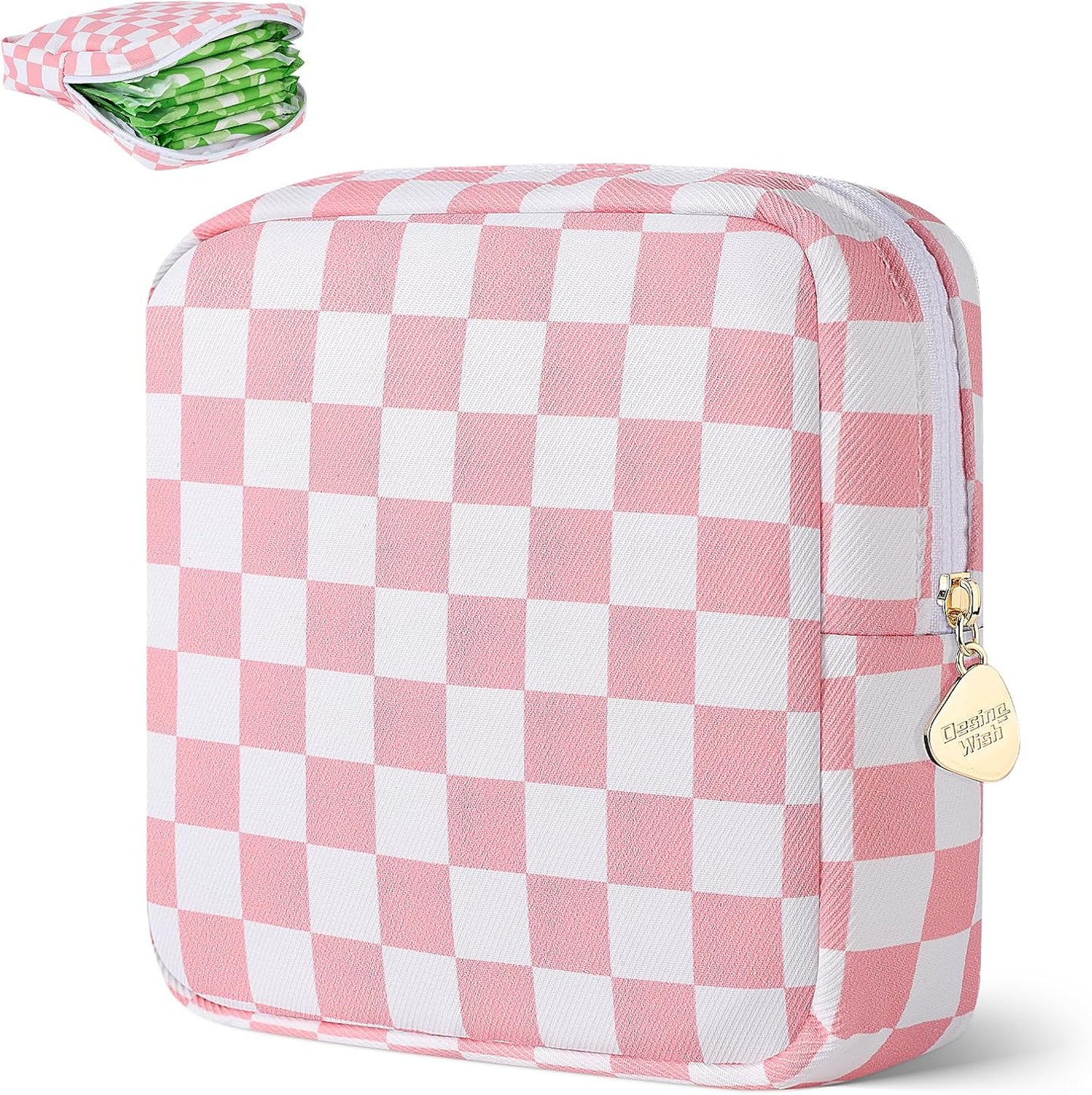 Desing Wish Sanitary Pad Storage Bag Portable Period Bag for Teen Pads/Sanitary Napkins/Small Tampons, Sanitary Napkin Storage Bag First Period Gifts for Teen Girls (Pink-White Checker)