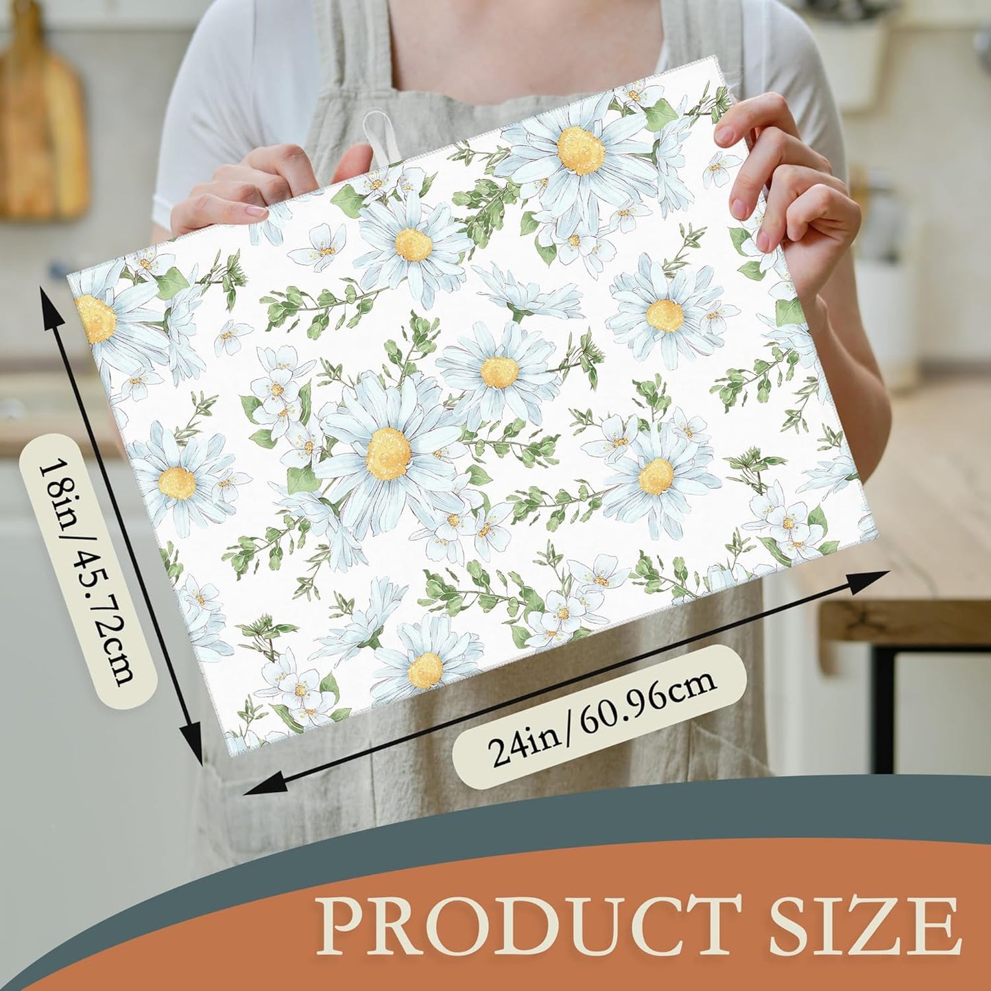 White Chamomile Flowers Dish Drying Rack Mats Decor, Dish Pad Drying Mat Kitchen Counter 18x24 Inch Absorbent Reversible Microfiber for Coffee Bar Sink Countertop