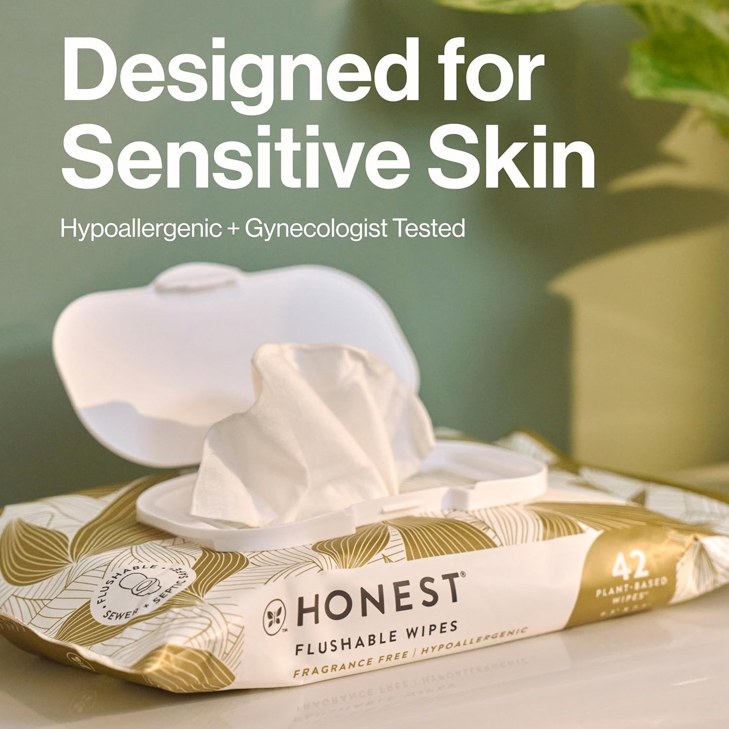 The Honest Company Flushable Wipes for Sensitive Skin | Fragrance Free, Hypoallergenic, 99% Water, Safe to Flush | pH Balanced Feminine Wipes | Gilded Wings, 42 Count