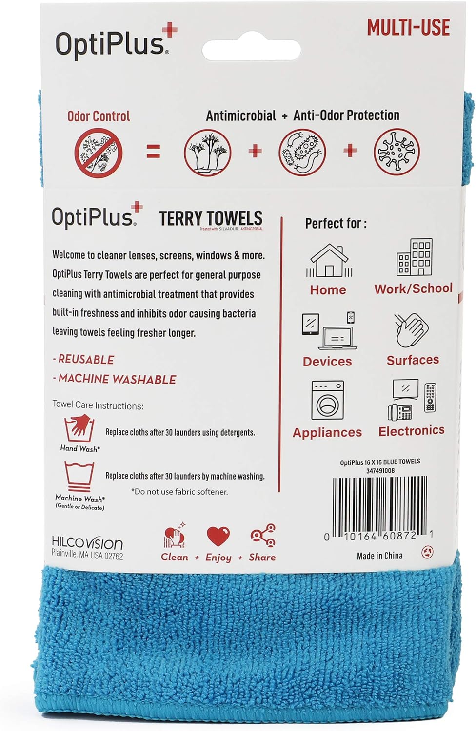 OptiPlus 16" x 16" Microfiber Terry Towels Treated with Silvadur 930 Antimicrobial - Blue
