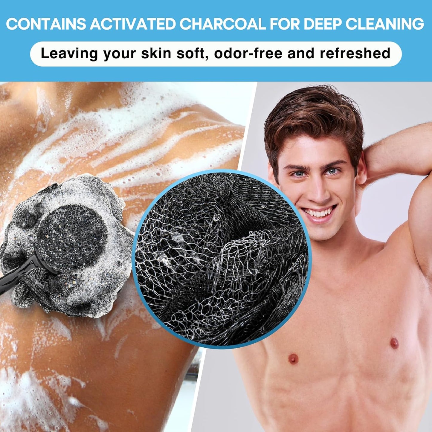 Loofah with Handle & Shower Brush Charcoal 2 Pack- Back Scrubber for Shower for Men & Women, Body Brush Ideal for Exfoliation, Back Loofah for Shower with Bath Brush, Long Handle for Shower Back Brush